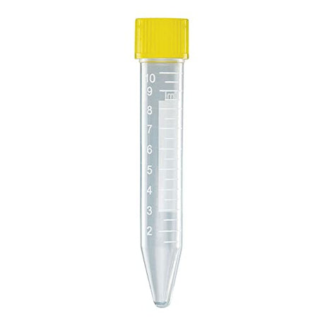 Globe Scientific 6293 Polypropylene General Purpose Centrifuge Tube with Attached Yellow Screw Cap, Sterile, 10mL Capacity (Case of 1000)