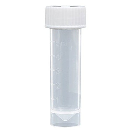 Globe Scientific 6101S Polypropylene Molded Graduations Conical Bottom Self Standing Transport Tubes with Attached White Polyethylene Screw Cap, Sterile, 5ml Capacity, Pack of 500