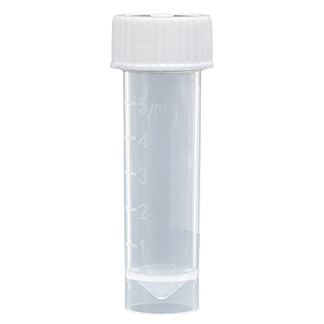Globe Scientific 5mL Transport Tube with Screw Cap, 6101, Polypropylene Tube with Conical Bottom, Molded Graduations, Self Standing with Separate White Polyethylene Screw Cap, Case of 1000
