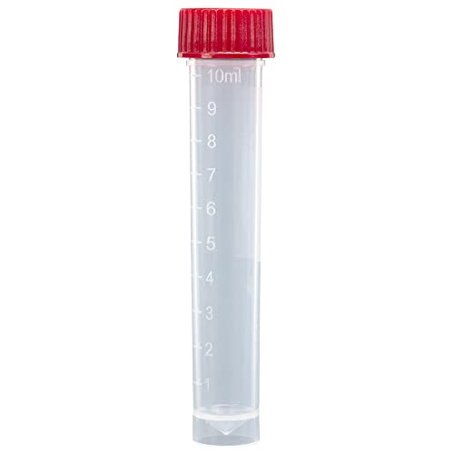 Globe Scientific 6102R Polypropylene Molded Graduations Conical Bottom Self Standing Transport Tubes with Separate Red Polyethylene Screw Cap, 10ml Capacity (Case of 1000)