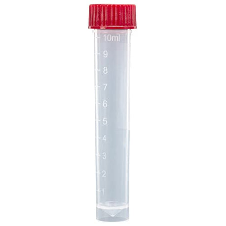 Globe Scientific 6102R Polypropylene Molded Graduations Conical Bottom Self Standing Transport Tubes with Separate Red Polyethylene Screw Cap, 10ml Capacity (Case of 1000)