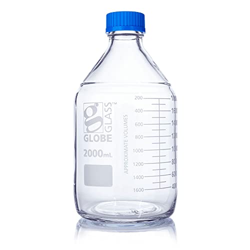 Media Bottle, Globe Glass, 2000mL, GL45 Screw Cap, 3.3 Borosilicate Glass, Dual Graduations, 10/Box