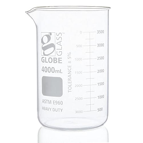 Globe Glass, Beaker, Heavy Duty, 4000mL, Low Form Griffin Style, Dual Graduations, ASTM E960, 1/Box