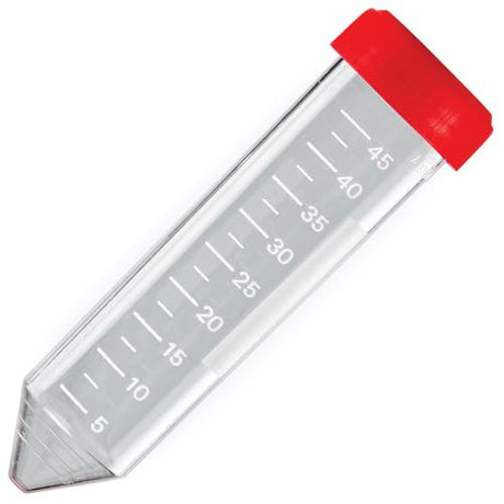 Globe Scientific 6254 Polystyrene Centrifuge Tube with Attached Red Screw Cap, 50mL Capacity, Sterile, Bag Pack (Case of 500)