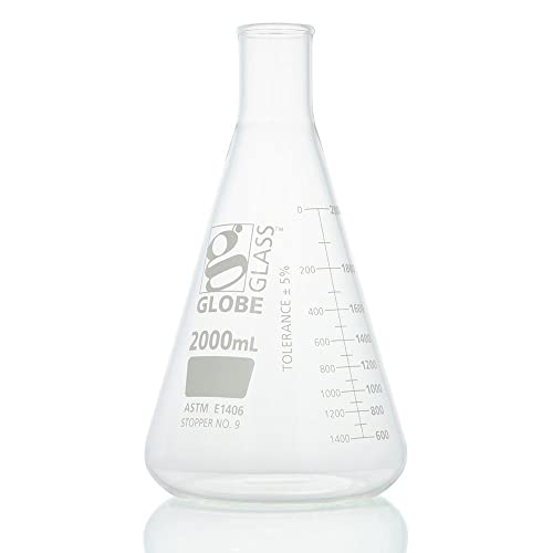 Globe Glass, Erlenmeyer Flask, 2000mL, Heavy Duty, Narrow Mouth, Dual Graduations, ASTM E1406, 1/Box