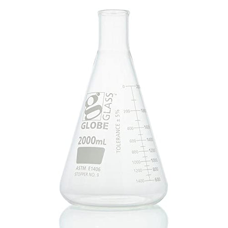 Globe Glass, Erlenmeyer Flask, 2000mL, Heavy Duty, Narrow Mouth, Dual Graduations, ASTM E1406, 1/Box