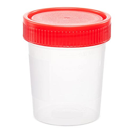 Globe Scientific 5915 Polypropylene Specimen Container with Separate Red 1/4 Turning Screw Cap, Non-Sterile, Bulk, Graduated, 4oz Capacity (Case of 500)