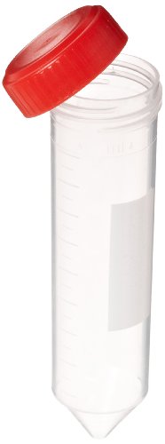 Globe Scientific 6241 Polypropylene Centrifuge Tube with Red Screw Cap, Printed Graduations, Sterile, 50ml Capacity, Pack of 500