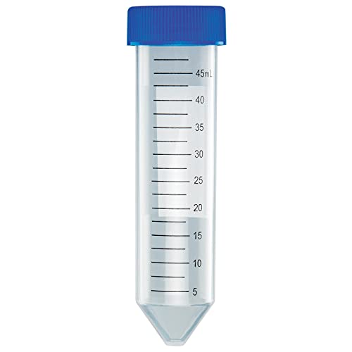 Globe Scientific 6288 Polypropylene Centrifuge Tube with Attached Blue Flat Top Screw Cap, Sterile, Printed Graduation, Bag Pack, 50mL Capacity (Case of 500)