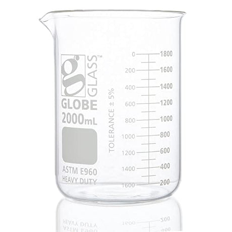 Globe Glass, Beaker, Heavy Duty, 2000mL, Low Form Griffin Style, Dual Graduations, ASTM E960, 4/Box