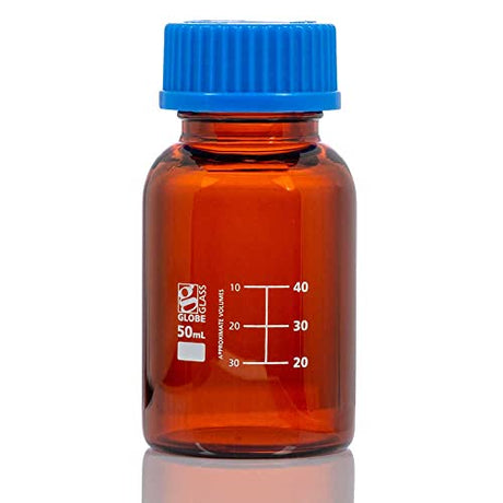 Globe Glass, Amber Media Bottle, 50mL, GL32 Screw Cap, Dual Graduations, 10/Box