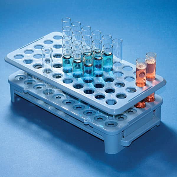 Globe Scientific Tube Rack with Grippers, 456925, Polypropylene, Autoclavable, Tube Ejector, for Up to 15mm Tubes, Blue, 50-Place