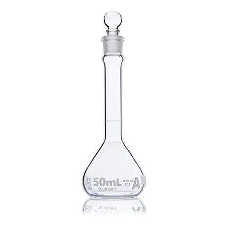 Volumetric Flask, Wide Mouth, Globe Glass, 50mL, Class A, to Contain (TC), 3.3 Borosilicate Glass, ASTM E288, 6/Box