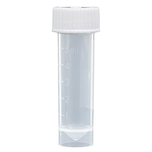 Globe Scientific 5mL Transport Tube with Screw Cap, 6101, Polypropylene Tube with Conical Bottom, Molded Graduations, Self Standing with Separate White Polyethylene Screw Cap, Case of 1000