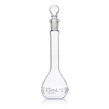 Volumetric Flask, Globe Glass, 25mL, Class A, to Contain (TC), 3.3 Borosilicate Glass, ASTM E288, 6/Box