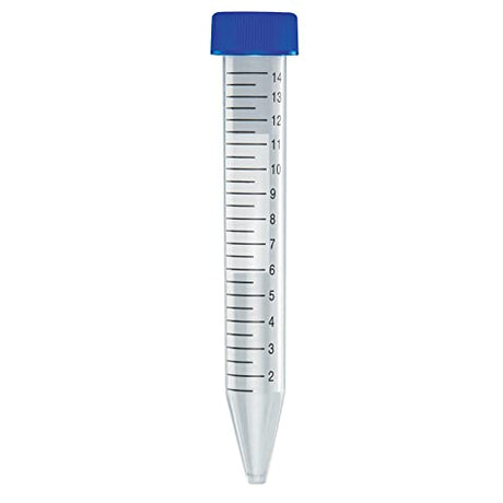 Globe Scientific 6285 Polypropylene Centrifuge Tube with Attached Blue Flat Top Screw Cap, Sterile, Printed Graduation, Bag Pack, 15mL Capacity (Case of 500)