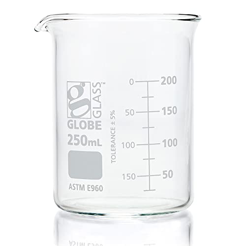 Globe Scientific Beaker, Globe Glass 250mL Low Form Griffin Style, Dual Graduations, 3.3 Borosilicate Glass, ASTM E960, 12/Box (8010250)