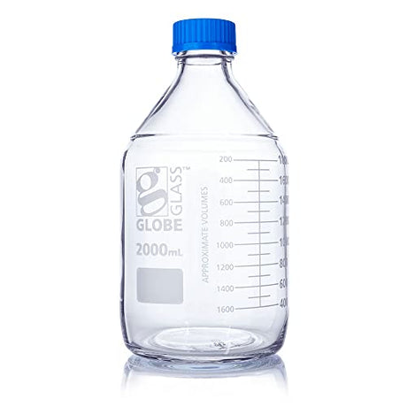 Media Bottle, Globe Glass, 2000mL, GL45 Screw Cap, 3.3 Borosilicate Glass, Dual Graduations, 10/Box