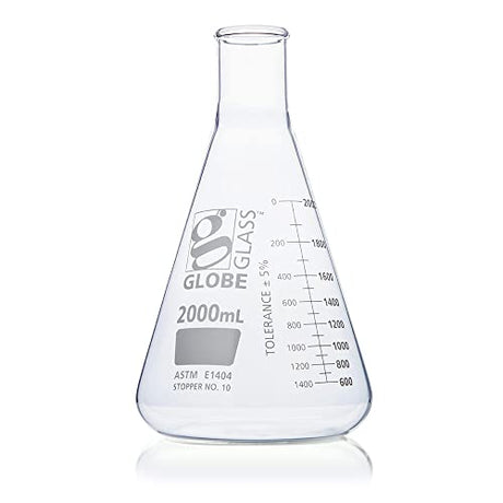 Erlenmeyer Flask, Globe Glass, 2000mL, Narrow Mouth, Dual Graduations, 3.3 Borosilicate Glass, ASTM E1404, 4/Box