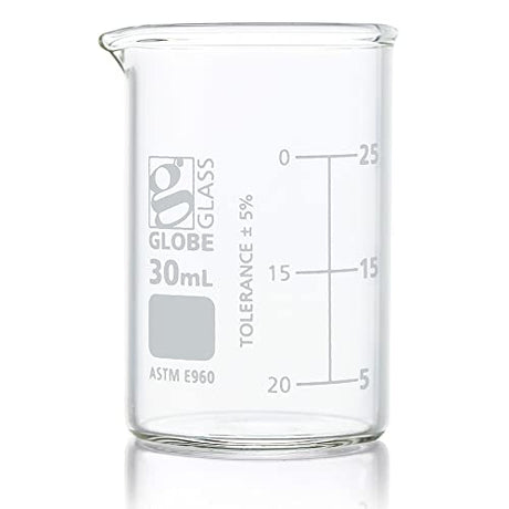 Globe Glass Scientific Beaker, 8010030, 30mL, Low Form Griffin Style, Dual Graduations, 3.3 Borosilicate Glass, ASTM E960, 12/Box