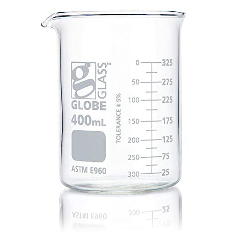 Globe Scientific Beaker, Globe Glass 400mL, Low Form Griffin Style, Dual Graduations, 3.3 Borosilicate Glass, ASTM E960, 12/Box (8010400)