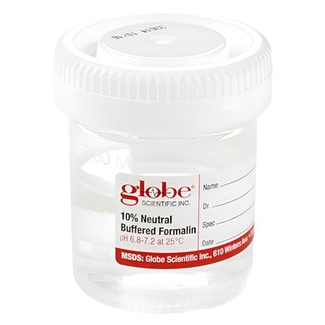 Globe Scientific 6522FL Pre-Filled Click Close Container, 60mL, PP, Filled with 30mL of 10% Neutral Buffered Formalin, Attached Hazard Label, Pack of 96