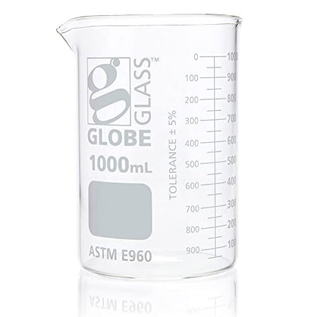 Globe Scientific Beaker, Globe Glass, 1000mL, Low Form Griffin Style, Dual Graduations, 3.3 Borosilicate Glass, ASTM E960, 6/Box (8011000)