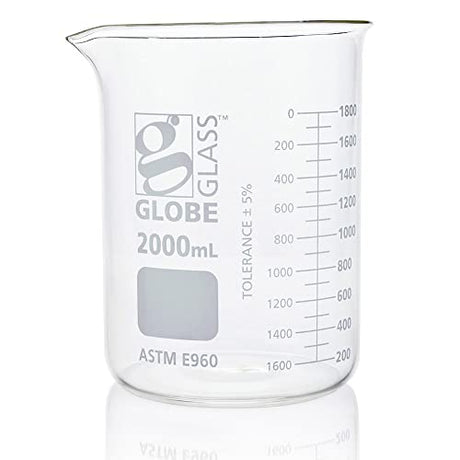 Globe Scientific Beaker, Globe Glass, 2000mL, Low Form Griffin Style, Dual Graduations, 3.3 Borosilicate Glass, ASTM E960, 4/Box (8012000)