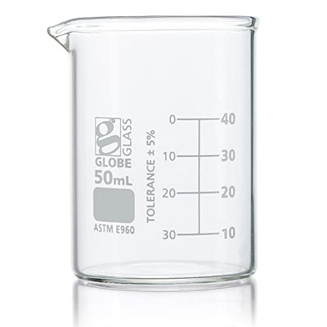 Globe Scientific Beaker, Globe Glass, 50mL, Low Form Griffin Style, Dual Graduations, 3.3 Borosilicate Glass, ASTM E960, 12/Box, (8010050)