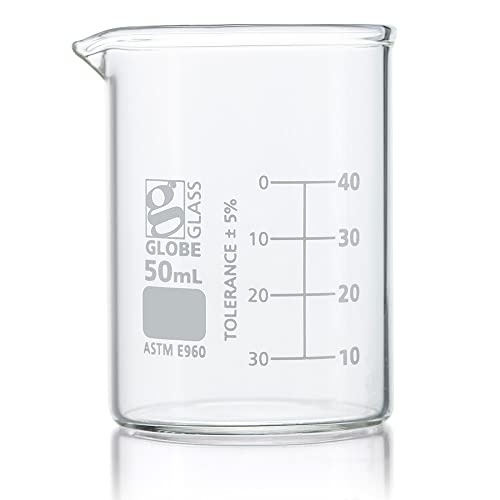 Globe Scientific Beaker, Globe Glass, 50mL, Low Form Griffin Style, Dual Graduations, 3.3 Borosilicate Glass, ASTM E960, 12/Box, (8010050)