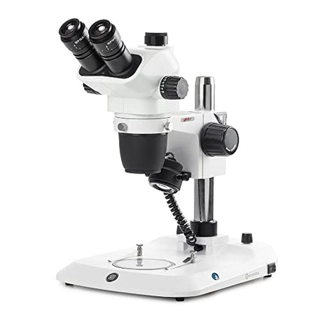 Trinocular Stereo Microscope Nexiuszoom EVO, 0.65x to 5.5X Zoom Objective, Magnification from 6.5X to 55x with Pillar Incident and Transmitted 3W LED Illuminations Globe Scientific | Euromex