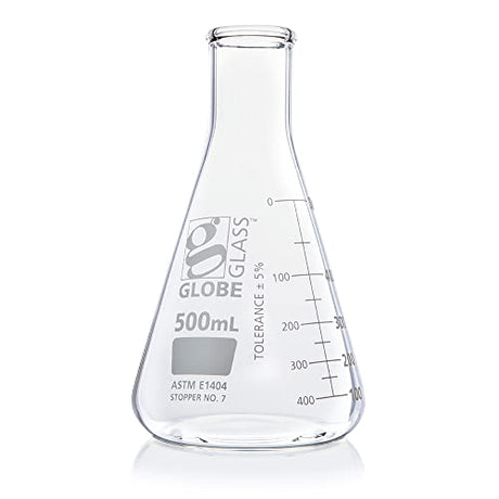 Erlenmeyer Flask, Globe Glass, 500mL, Narrow Mouth, Dual Graduations, 3.3 Borosilicate Glass, ASTM E1404, 6/Box