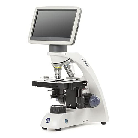 BioBlue Compound Microscope 7in LCD Screen and SMP 4/10/S40 Objectives with Mechanical Stage and 1W LED Cordless Illumination Globe Scientific | Euromex