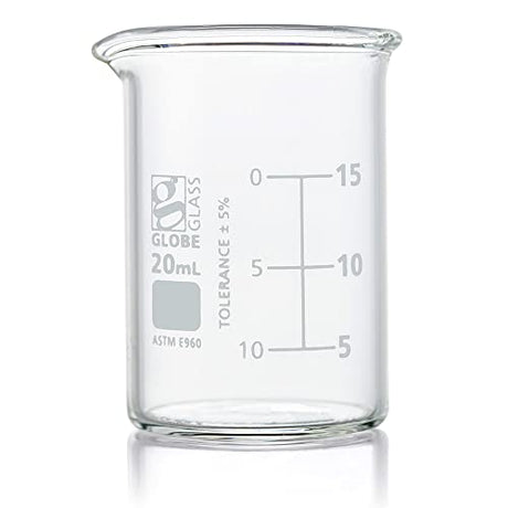 Globe Scientific Beaker, 20mL Globe Glass, Low Form Griffin Style, Dual Graduations, 3.3 Borosilicate Glass, ASTM E960, 12/Box (8010020)