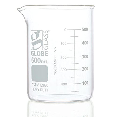 Globe Glass, Beaker, Heavy Duty, 600mL, Low Form Griffin Style, Dual Graduations, ASTM E960, 6/Box