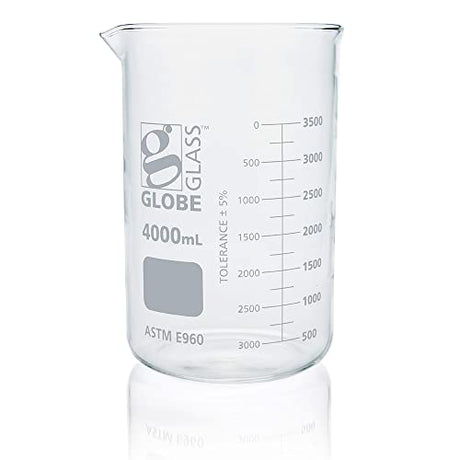 Globe Scientific Beaker, Globe Glass, 4000mL, Low Form Griffin Style, Dual Graduations, 3.3 Borosilicate Glass, ASTM E960, 1/Box, 8014000