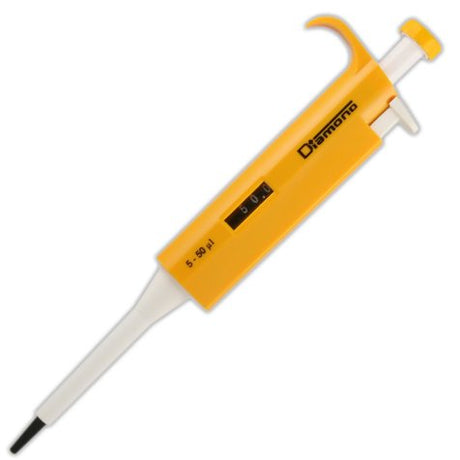 Globe Scientific Diamond 3301-50 Adjustable Volume Pipette, 5-50µL Volume, Yellow