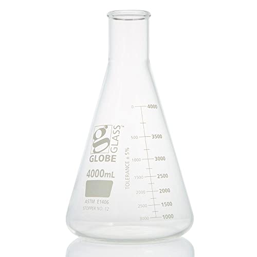 Globe Glass, Erlenmeyer Flask, 4000mL, Heavy Duty, Narrow Mouth, Dual Graduations, ASTM E1406, 1/Box