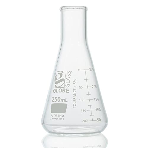 Globe Glass, Erlenmeyer Flask, 250mL, Heavy Duty, Narrow Mouth, Dual Graduations, ASTM E1406, 6/Box