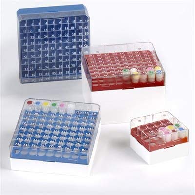 Globe Scientific BioBox 3039B Polycarbonate Storage Box with Transparent Lid for 1mL and 2mL Tubes, Holds 25 Vials, Blue (Pack of 8)