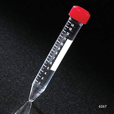 Globe Scientific 6268 Polystyrene Centrifuge Tube, Separate Red Screw Cap, Printed Graduations, 15ml Capacity, Pack of 500