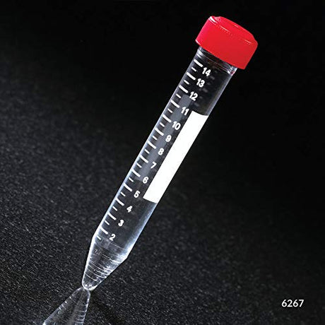 Globe Scientific 6273 Acrylic Centrifuge Tube with Attached Red Screw Cap, Sterile, 15mL Capacity, Printed Graduation, Rack Pack (Case of 500)