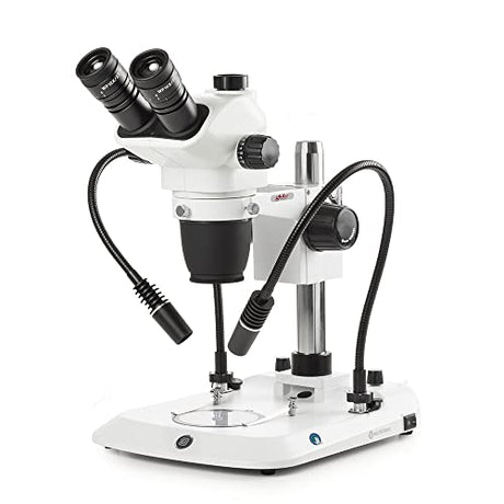 Trinocular Stereo Zoom Microscope Nexiuszoom EVO, 0.65x to 5.5x Zoom Objective, Magnification F6.5x To 55x Pillar 2 Incident LED Illuminations Gooseneck 1 Transmitted 3W LED Illumination Globe|Euromex