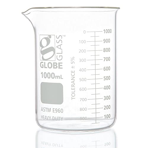 Globe Glass, Beaker, Heavy Duty, 1000mL, Low Form Griffin Style, Dual Graduations, ASTM E960, 6/Box