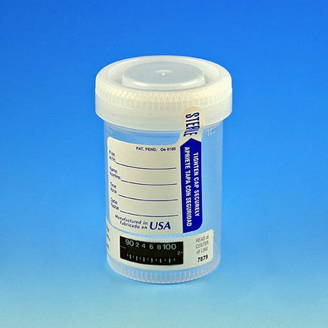 Globe Scientific 6238 Drug Test Container with Attached White Screwcap, Sterile, Tab-Seal Patient ID Label & Thermometer Strip, PP, 90mL Capacity