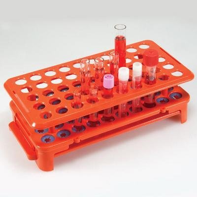 Globe Scientific 456926 Polypropylene Autoclavable Tube Rack with Grippers and Tube Ejector, 16mm Tubes, Orange, 50-Place