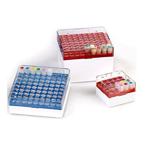 Globe Scientific BioBox 3042R Polycarbonate Storage Box with Transparent Lid for 3mL, 4mL and 5mL Tubes, Holds 81 Vials, Red (Pack of 4)