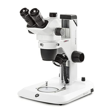 Trinocular Stereo Zoom Microscope NexiusZoom EVO, 0.65x to 5.5X Zoom Objective, Magnification 6.5X to 55x Rack Pinion Stand Incident and Transmitted 3W LED Illuminations, Globe Scientific | Euromex