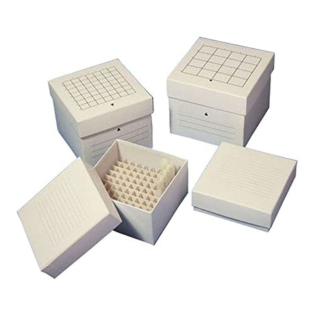 Globe Scientific Cardboard Storage Box for 2" Tall x 13mm Wide Tubes, 81 Place, 134mm Length, 134mm Width, 47mm Height, White (Case of 96)