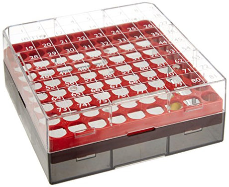 Globe Scientific BioBox 3040R Polycarbonate Storage Box with Transparent Lid for 1mL and 2mL Tubes, Holds 81 Vials, Red (Pack of 5)